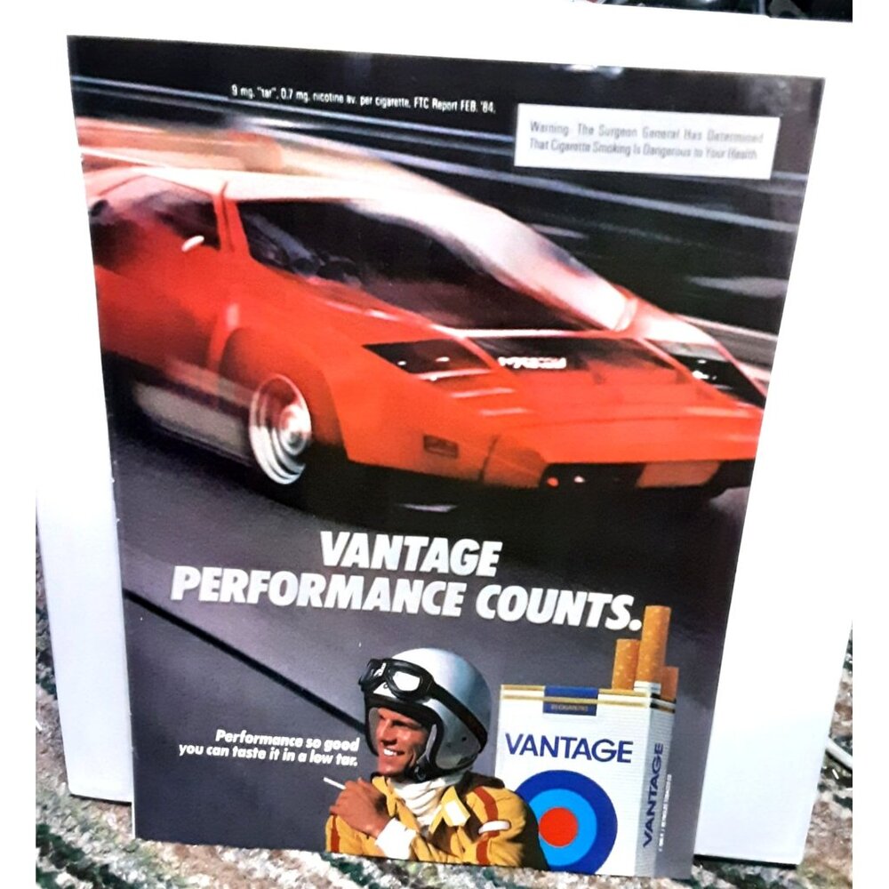 1985 Vantage Cigarettes with Red Vector W2 Race Car Original Print Ad